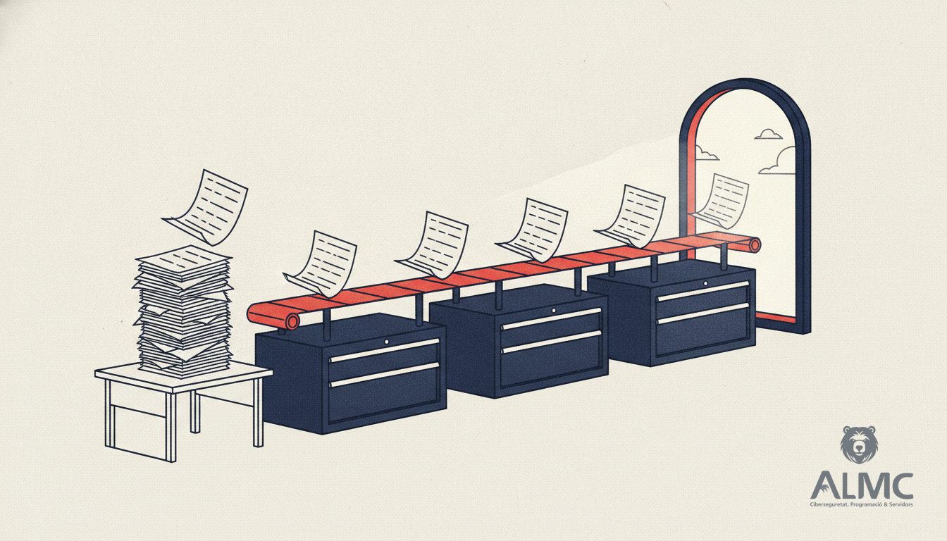 Paper forms moving along a conveyor belt that links connected toolboxes, illustrating automated business workflows