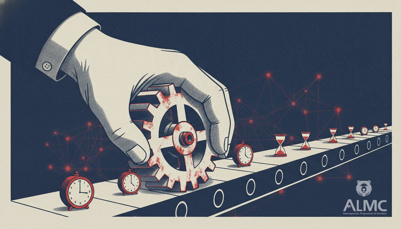 Hand turning a gear connected to a conveyor belt with clocks and hourglasses, symbolizing time-saving automation.