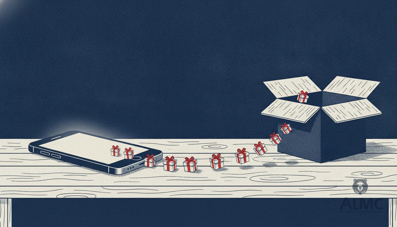 A phone spilling a trail of small parcels towards an open shipping box, representing visual discovery turning into online sales