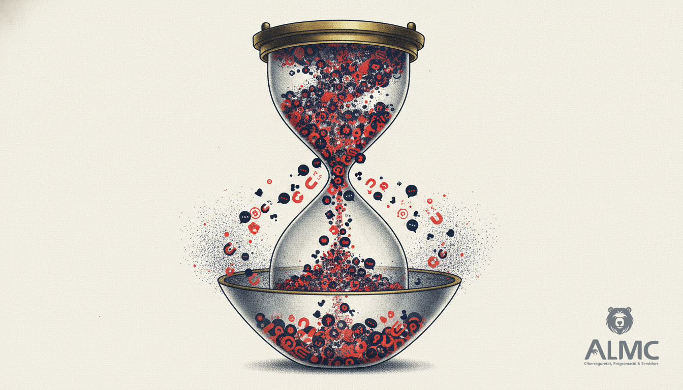 Reloj de arena con burbujas de chat y iconos de leads cayendo por el cuello hacia un embudo.