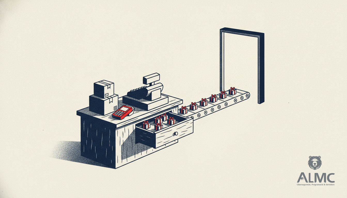 A shop counter opening into a small conveyor of wrapped parcels, representing an online store built to sell