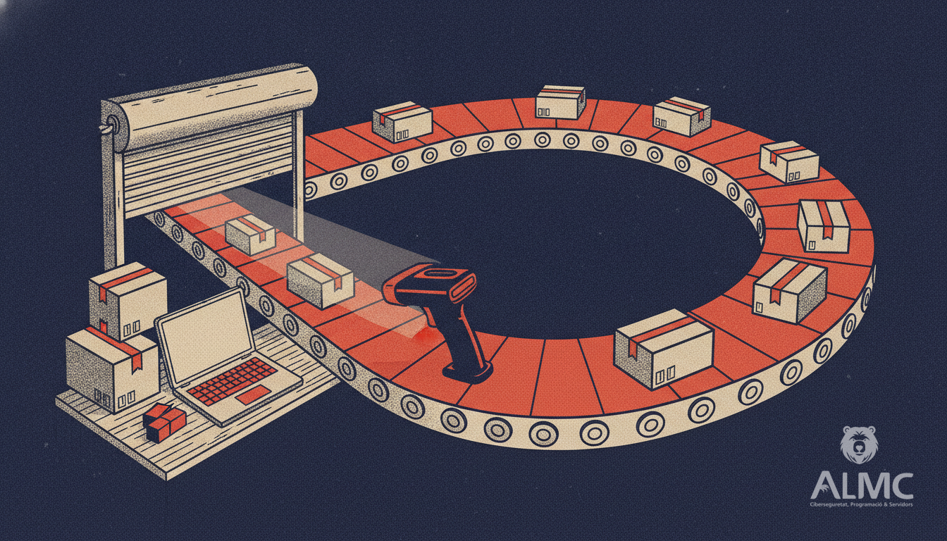 Shop shutter opening onto a conveyor of parcels and a laptop, representing an online store ready to sell